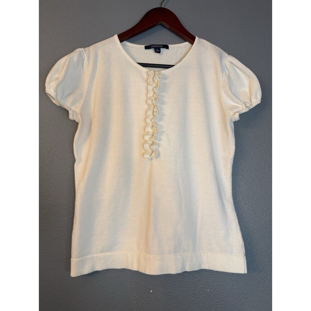Chadwicks Womens Ivory Sweater Top Large Puff Sleeve Ruffle Knit Short Sleeve